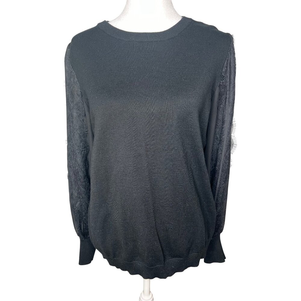 Adrianna Papell Black Lace Trim Woven Sleeve Ruffle Neck Womens Sweater Size M